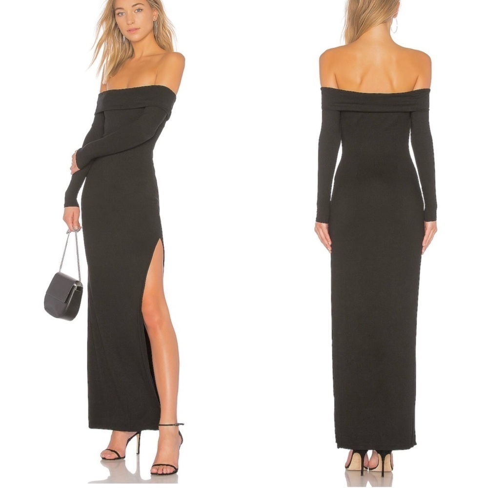 Lovers & Friends Royale Dress Off Shoulder Black Ribbed Long Sleeve Slit L NEW